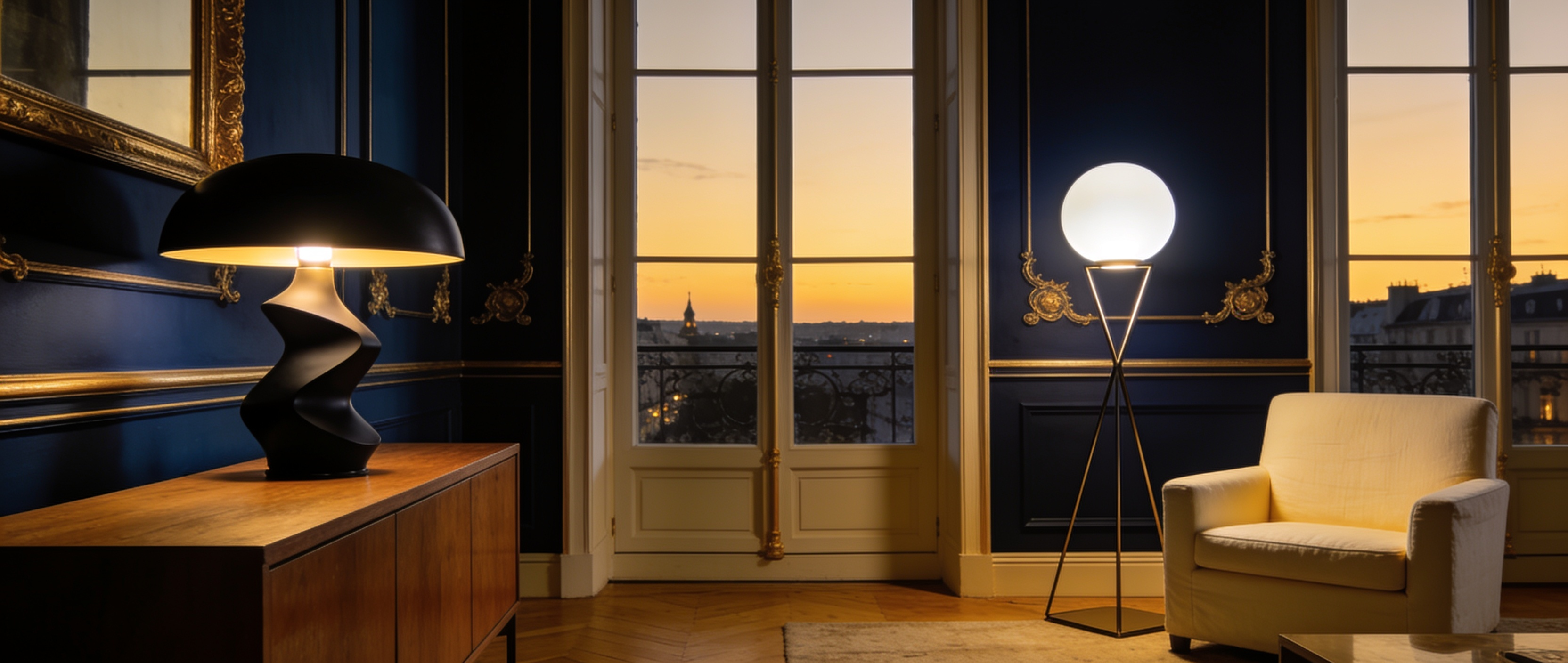 Salon parisien au crépuscule éclairé par des lampes Paris Allure