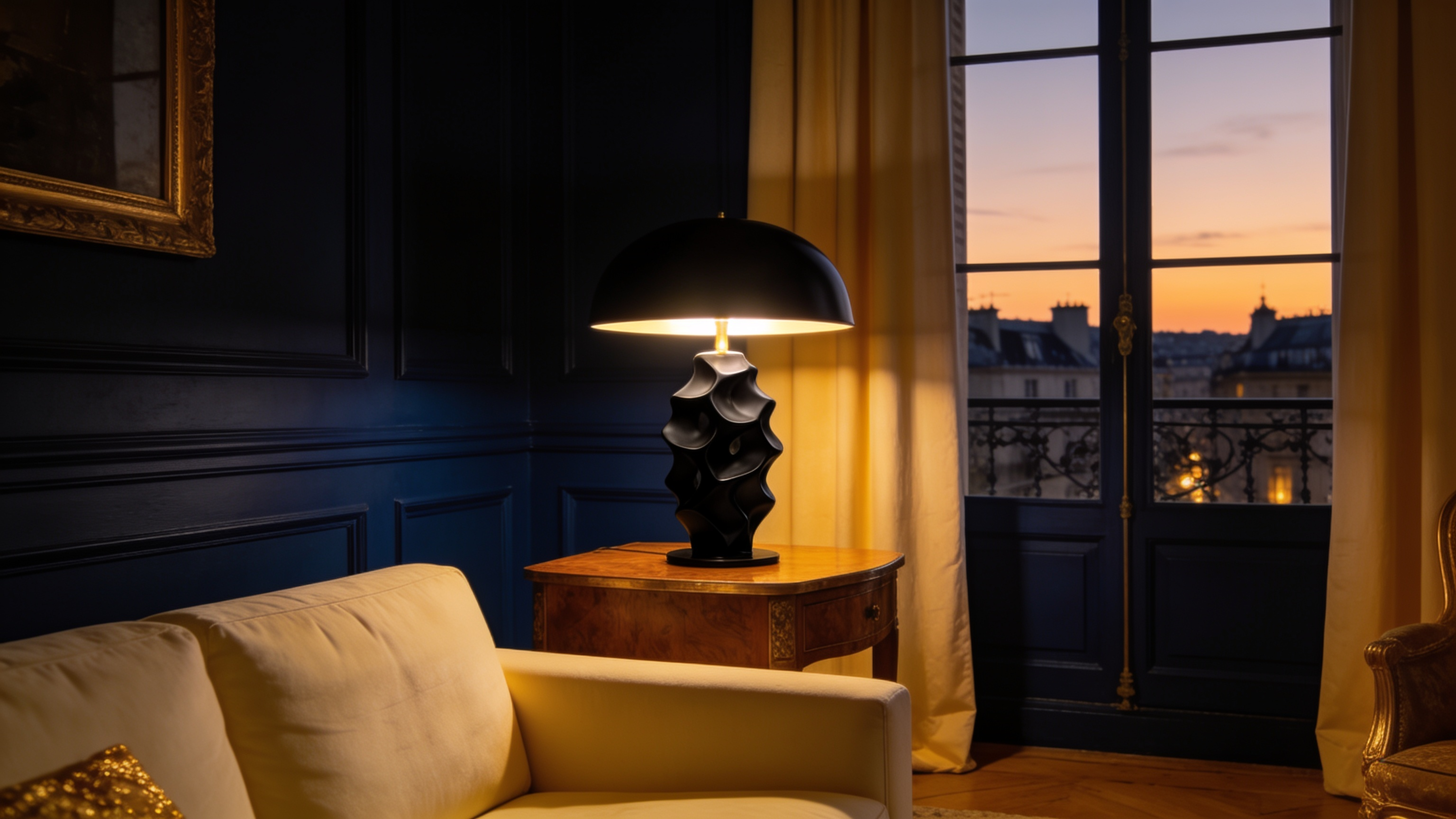 Lampe de table élégante dans un salon parisien au crépuscule — Paris Allure